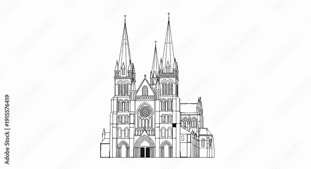 Obraz premium Detailed black and white line drawing of a gothic cathedral with spires