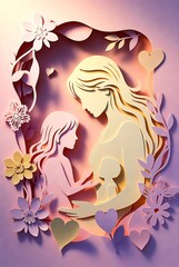 Motherhood Paper Cut Art – Layered Floral Heart Greeting Card for Mother’s Day, Anniversary & Family Love Celebrations. Tender Motherhood Paper Cut Embrace with Children.