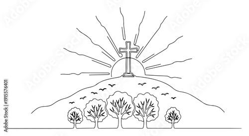 Minimalist line art of a Christian cross on top of a hill with rising sun rays