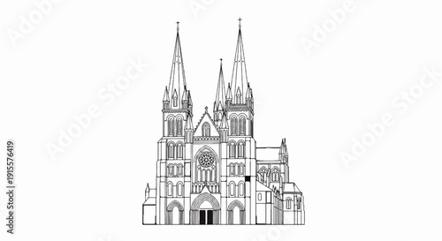 Detailed black and white line drawing of a gothic cathedral with spires