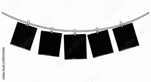 Five blank black squares hang on a clothesline with clothespins