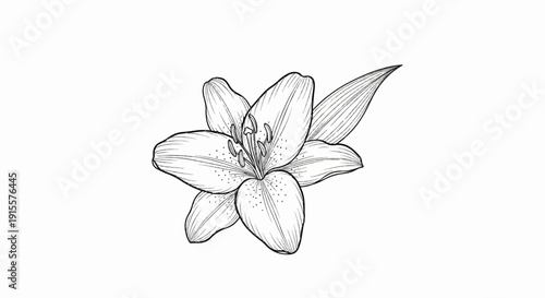 Detailed black and white line drawing of a single lily flower with leaves