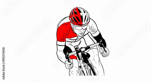 Cyclist in racing gear pedals intensely, focused and determined on the road