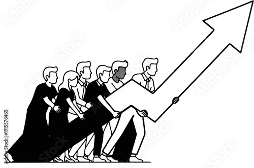 Diverse team collaborates to push an upward trending arrow