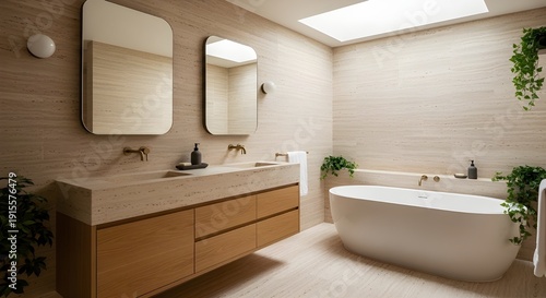 Ultra-luxury spa inspired bathroom interior, freestanding soaking tub, rain shower with glass enclosure, natural stone walls, warm ambient lighting, folded white towels, calm Zen atmosphere, hotel sui