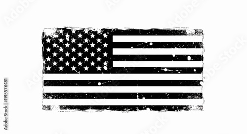 Distressed black and white American flag with rough edges and splatters