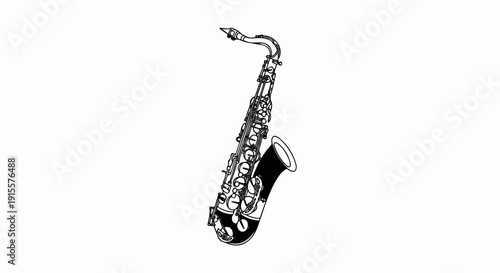 Detailed black and white outline drawing of a saxophone
