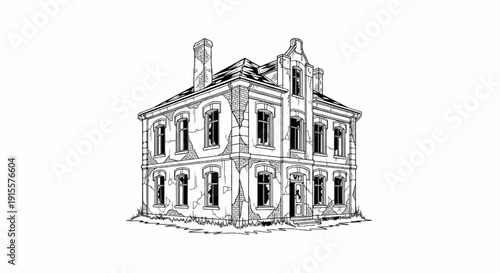 Dilapidated, two-story house with broken windows and cracked walls