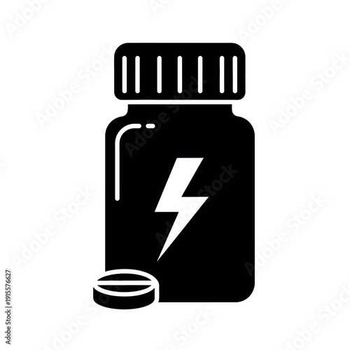 Black icon of a bottle with a lightning bolt on it and cap off