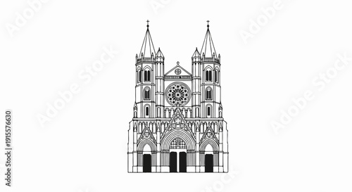 Detailed line drawing of a gothic cathedral's facade with two spires and rose window