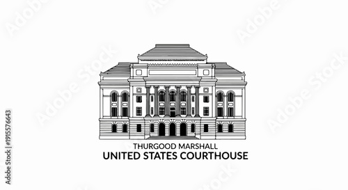 Detailed line drawing of a grand courthouse with classical columns, arched entrances, and a multi-tiered roof