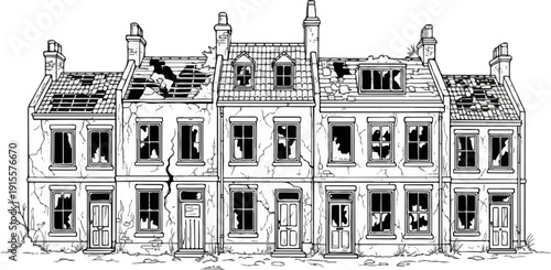 Dilapidated row of terraced houses with broken roofs and windows