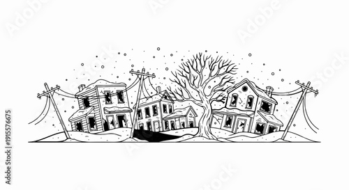 Dilapidated houses and utility poles amidst falling snow and a barren tree