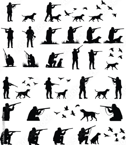 Hunting Silhouette Vector Illustration Set with Hunters Shooting Shotguns and Hunting Dogs Retrieving Birds for Outdoor Sport Design Isolated on White.