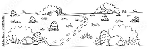 Easter egg hunt landscape with rabbit paw prints trail hidden eggs and bushes in line art