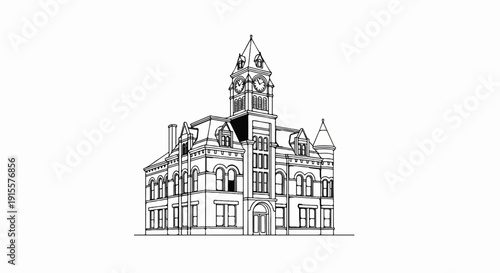 Detailed line drawing of a historic building with a prominent clock tower and arched windows
