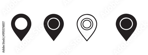 Black and white map pointer pin icon set in clean vector illustration style for location and navigation design
