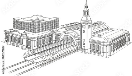 Detailed line drawing of a grand train station with modern trains on tracks