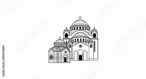 Detailed black and white sketch of a grand religious structure with multiple domes