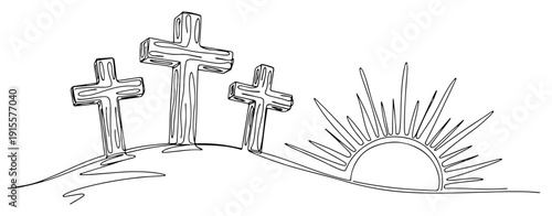 Minimalist continuous line drawing of three crosses on a hill with a rising sun