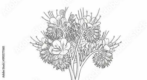 Detailed black and white sketch of a lush flowering plant with delicate petals