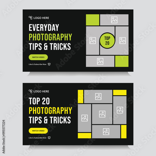 Multipurpose photography tips and tricks video thumbnail banner design, daily photography techniques video set cover banner design, fully customizable vector eps 10 file format