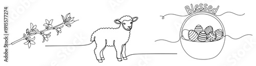 Easter composition with lamb flowering branch and blessed egg basket in continuous line art