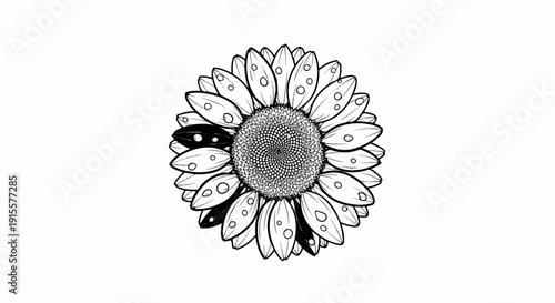 Detailed black and white sketch of a sunflower with many petals and a textured center