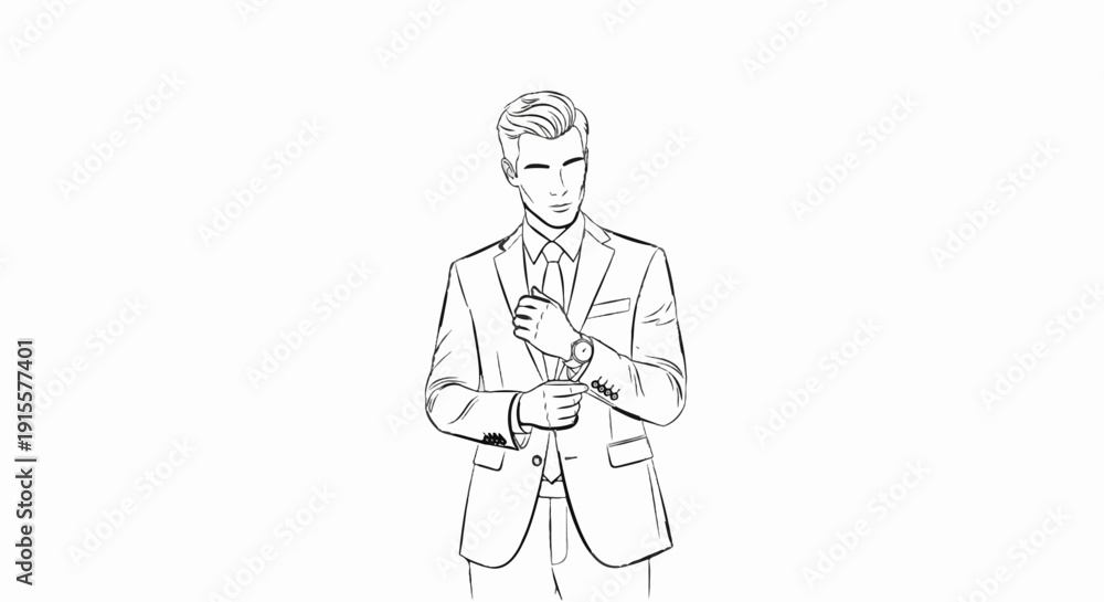 Obraz premium Elegant man in suit adjusting his watch, sketch style