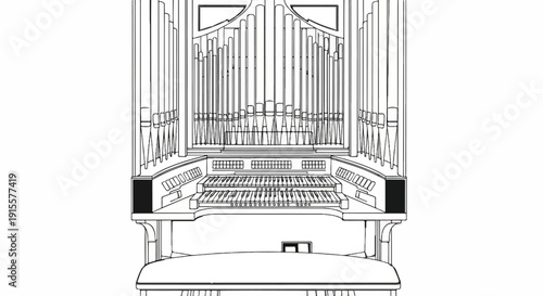 Detailed line drawing of a large pipe organ, front view
