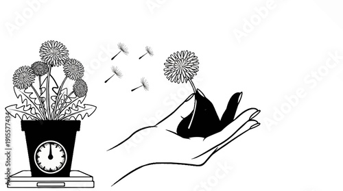 Delicate hand catches a dandelion as seeds disperse from a potted plant