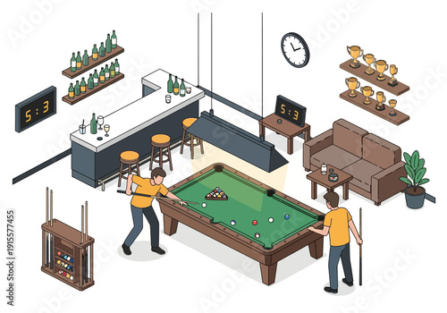 Men playing pool in a modern entertainment lounge with bar and seating area