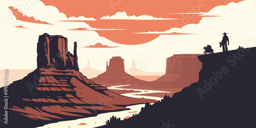 Silhouettes of rock formations against a sunset sky in a desert landscape