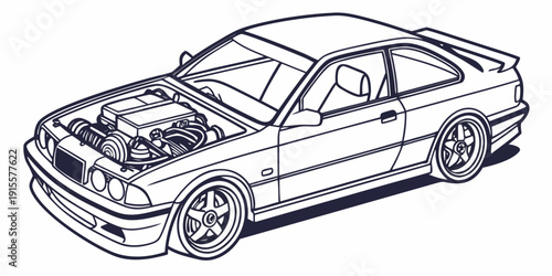 A detailed line drawing of a classic car with its hood open, revealing the engine.