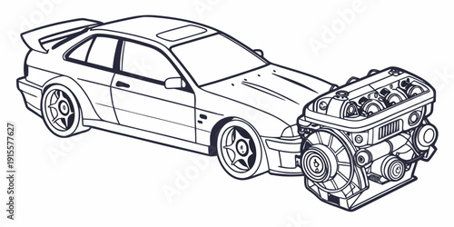 A detailed illustration of a car with its engine compartment open, revealing the engine and other components.