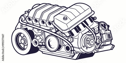 A detailed illustration of a vintage car engine with various components visible.