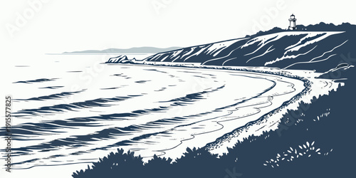 A serene beach scene with crashing waves and a distant lighthouse