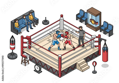 Boxing match in progress inside a ring with spectators watching from the sidelines and a referee overseeing the fighters