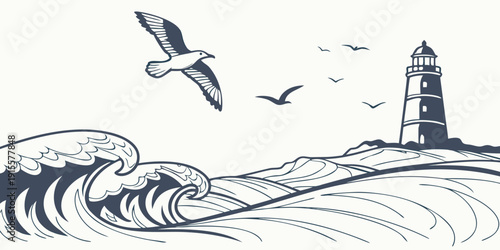 A serene seascape with a lighthouse and birds in flight