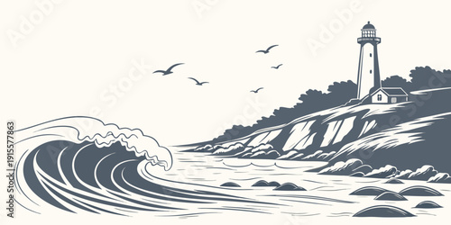 A serene lighthouse standing tall against the crashing waves of the ocean.