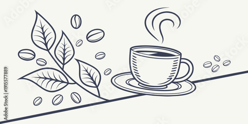 A steaming cup of coffee with coffee beans and leaves on a saucer.