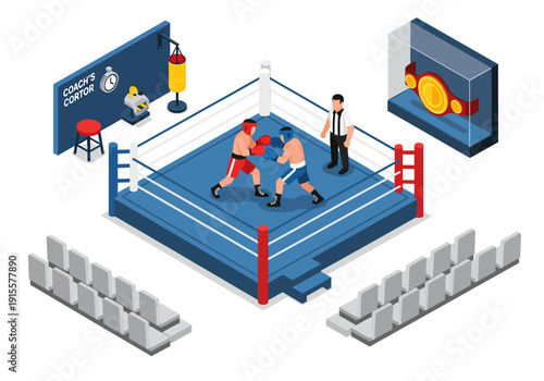 Boxing match in progress with fighters and referee in a blue ring surrounded by empty seats and large screens