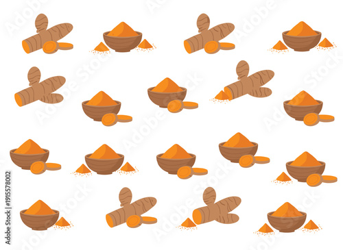 Flat turmeric powder in wooden bowl with fresh turmeric roots seamless pattern spice ingredient background for cooking and organic product design