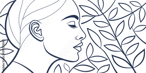 Person with a serene expression surrounded by a lush, leafy background