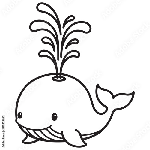 Cute Whimsical Whale Spouting Water, Outline Illustration