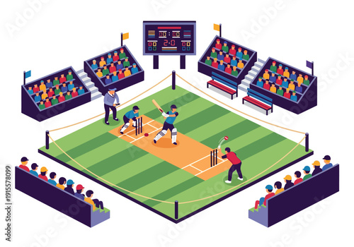 Cricket match in progress at a vibrant stadium with spectators cheering on a sunny day from an aerial viewpoint