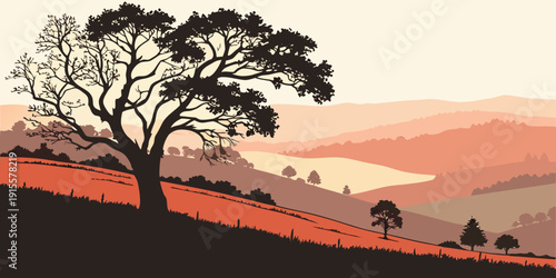 A solitary tree stands tall on a hill, overlooking a vast landscape at sunset.