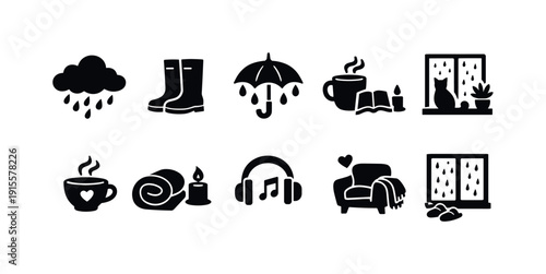 Cozy rain silhouette icon set. Comfort, relaxation, leisure, home silhouettes collection