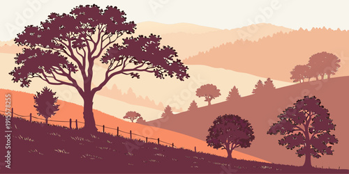 Silhouettes of trees at sunset in a vast savannah landscape with a clear sky