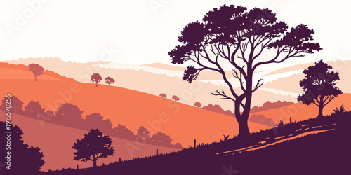 Silhouettes of trees on a hill during a vibrant sunset in the countryside